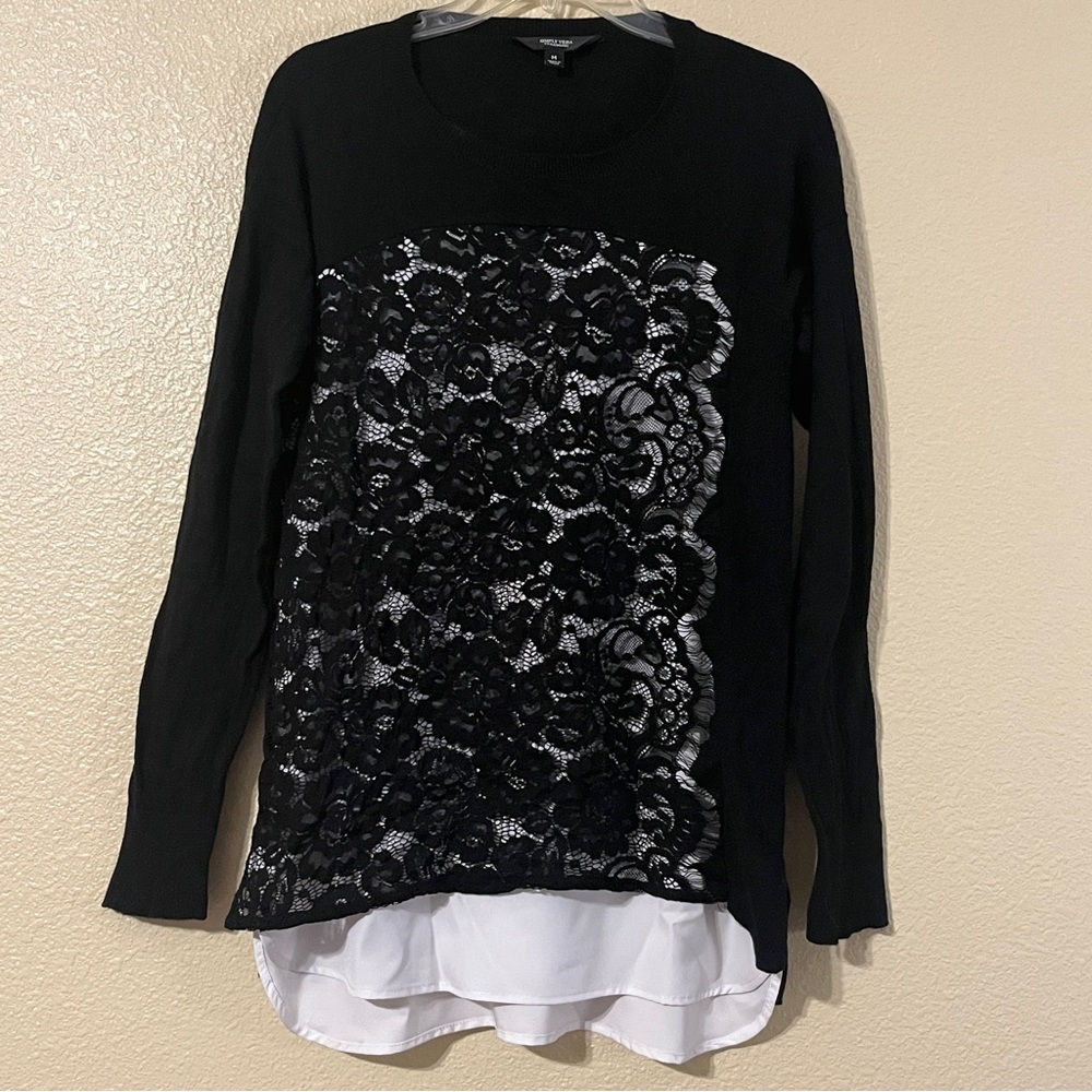 Simply Vera Vera Wang Women’s M Black Lace Mock White Layer Long Sleeve Sweater